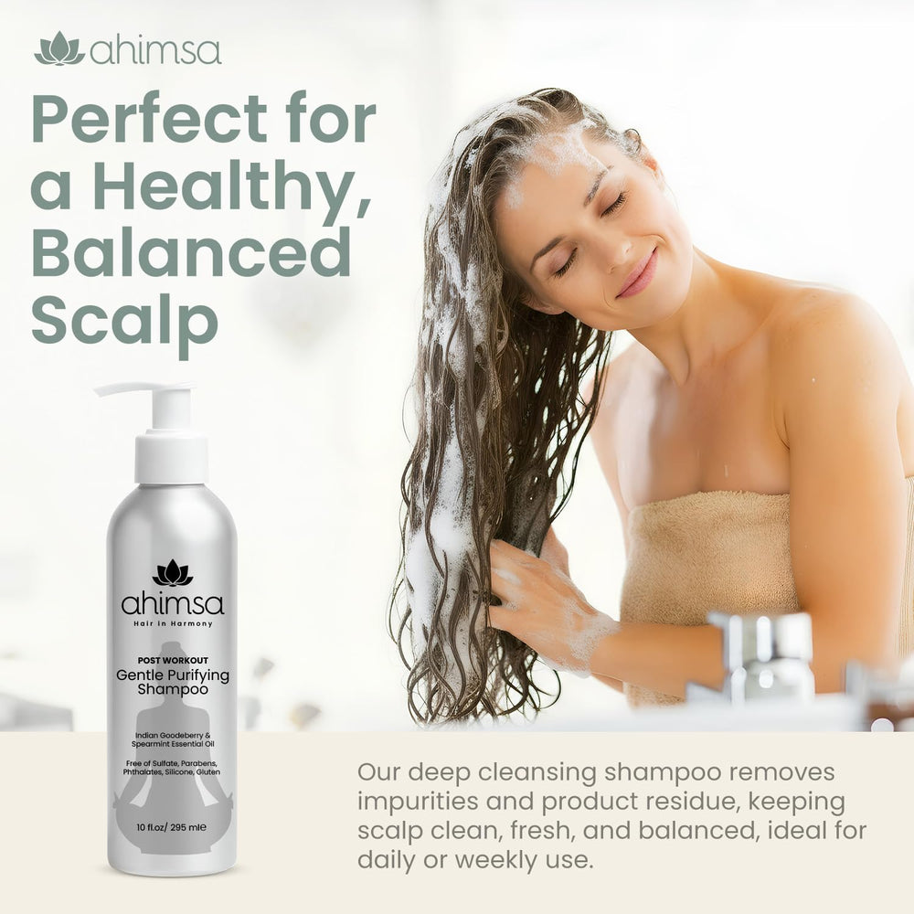 Ahimsa gooseberry and willow bark ingredients support scalp balance while cleansing.