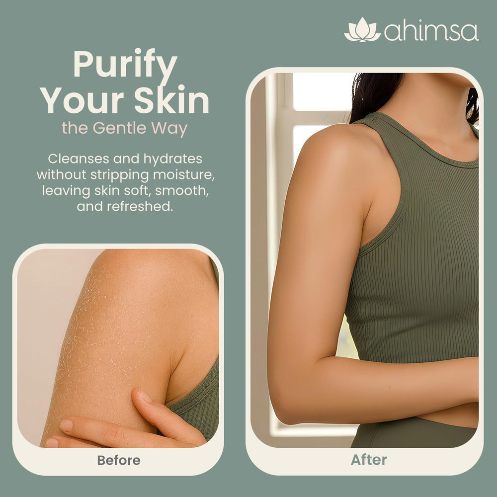 Ahimsa bottle foreground emphasizes natural-origin ingredients like gooseberry and moss.