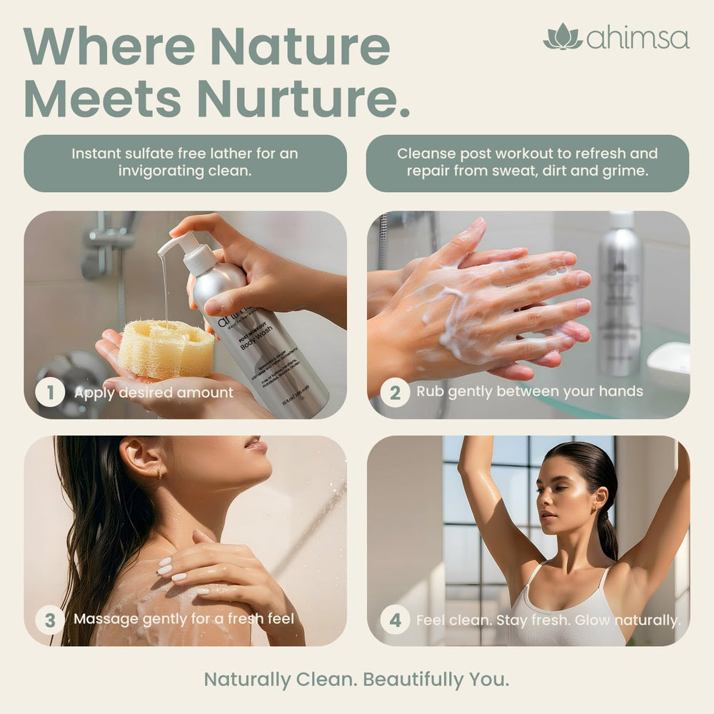 Ahimsa product image highlights plant-based, gluten-free, cruelty-free formulation.