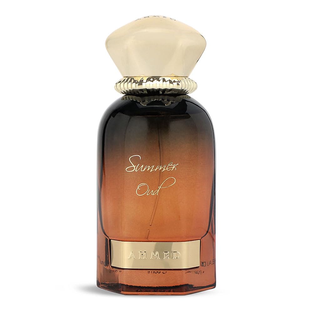 AHMED Summer Oud Almaghribi bottle closeup label highlighting luxe oud notes.