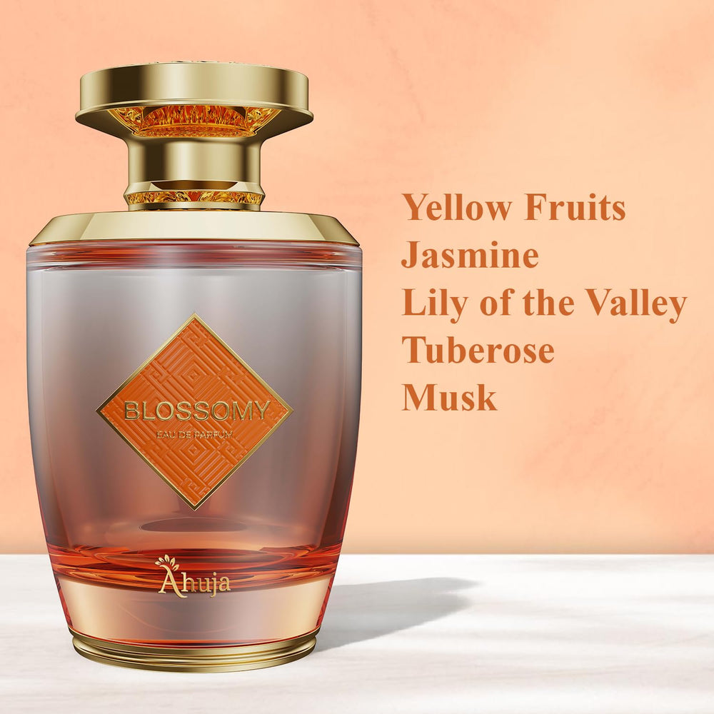 AHUJA Blossomy bottle side reveals a refined silhouette ideal for gifting.