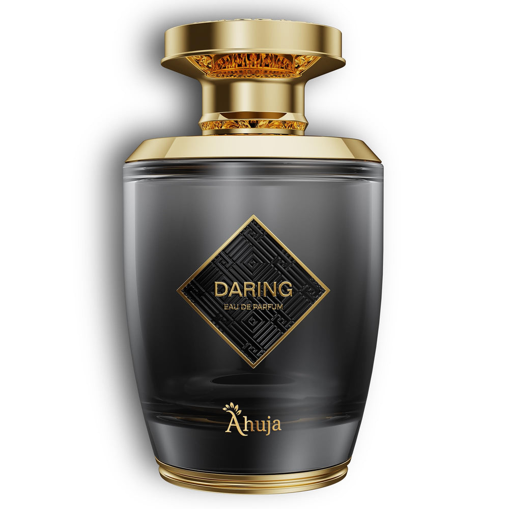 AHUJA Daring bottle front communicates bold masculinity for everyday confidence.
