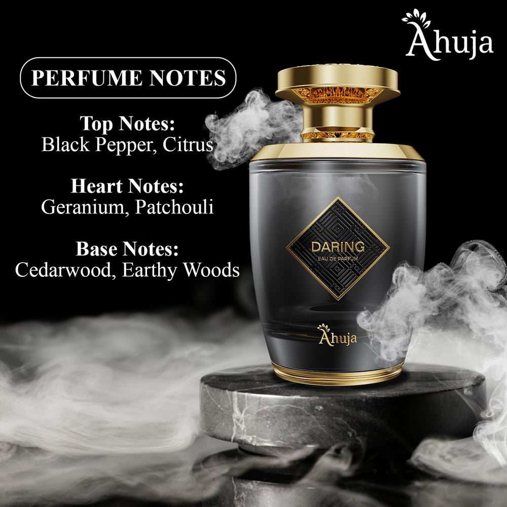 AHUJA Daring top notes highlight pepper and citrus for an energized start.