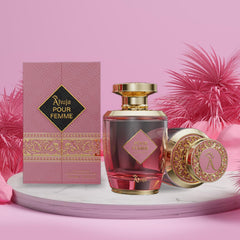 AHUJA Pour Femme elegant packaging reinforces luxury gifting appeal.