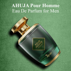 AHUJA Pour Homme lifestyle shot conveying bold, upscale fragrance appeal.