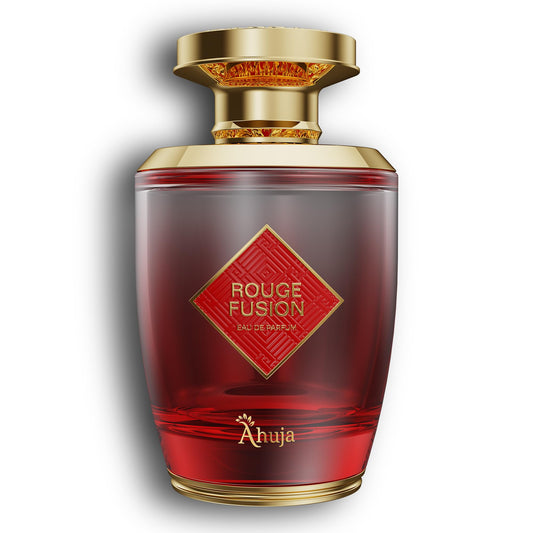 AHUJA Rouge Fusion bottle front view highlighting bold citrus notes for daily boost
