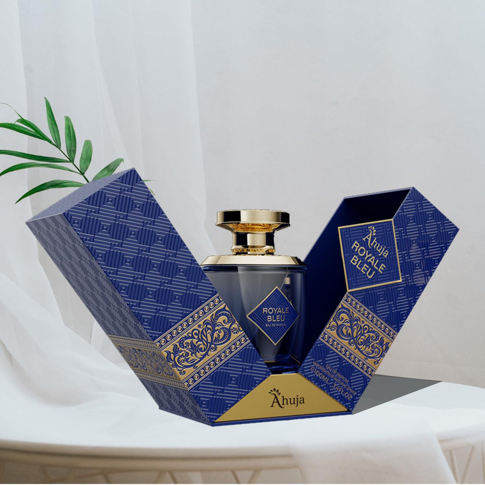 Ahuja Royal Bleu cap closeup highlighting premium sprayer for smooth daily application