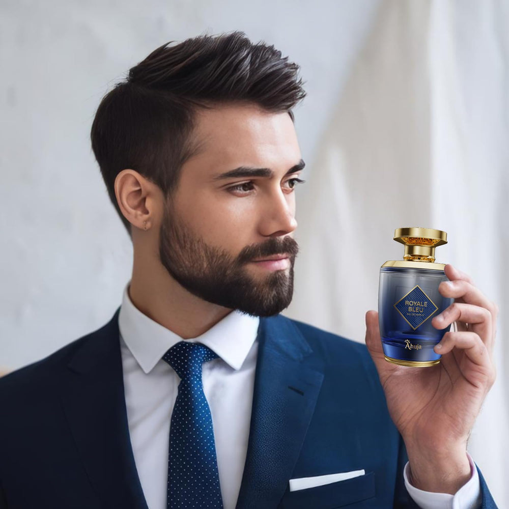 Ahuja Royal Bleu wood base with patchouli and sandalwood for a timeless masculine finish