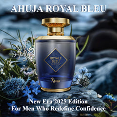 Ahuja Royal Bleu gift-ready packaging with an elegant bottle design