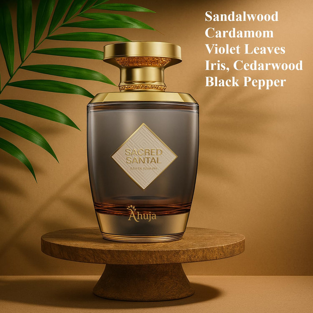 AHUJA Sacred Santal cap detail shows refined, premium craftsmanship