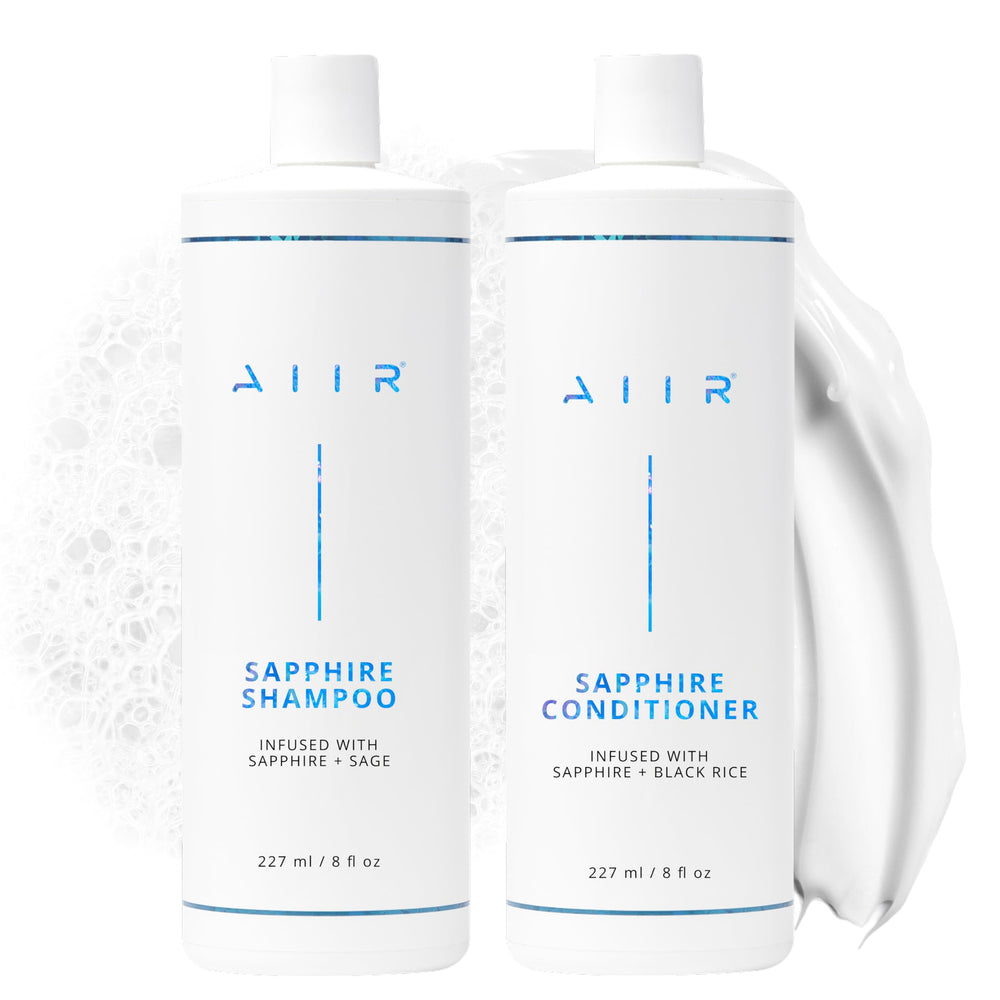 AIIR Sapphire shampoo bottle pour for shiny, balanced scalp.