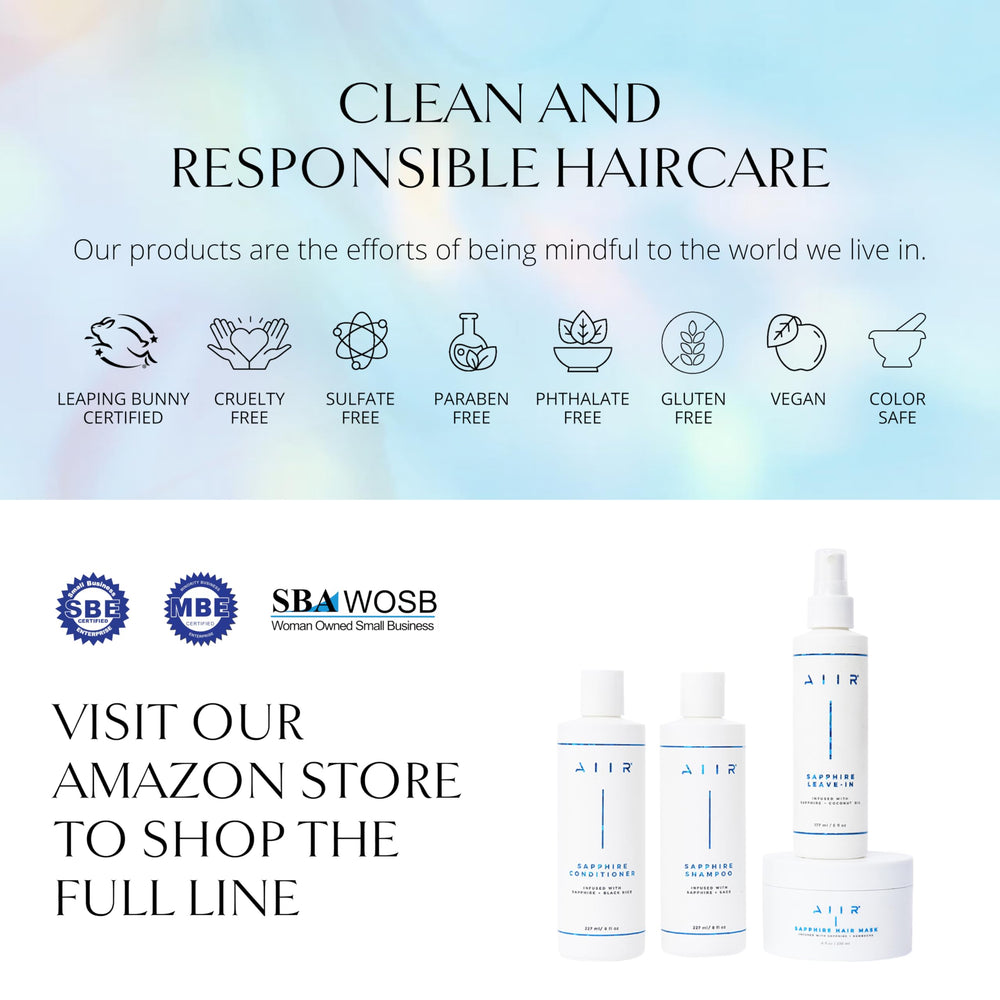 AIIR Sapphire Shampoo on a shelf communicates color-safe, sulfate-free care.