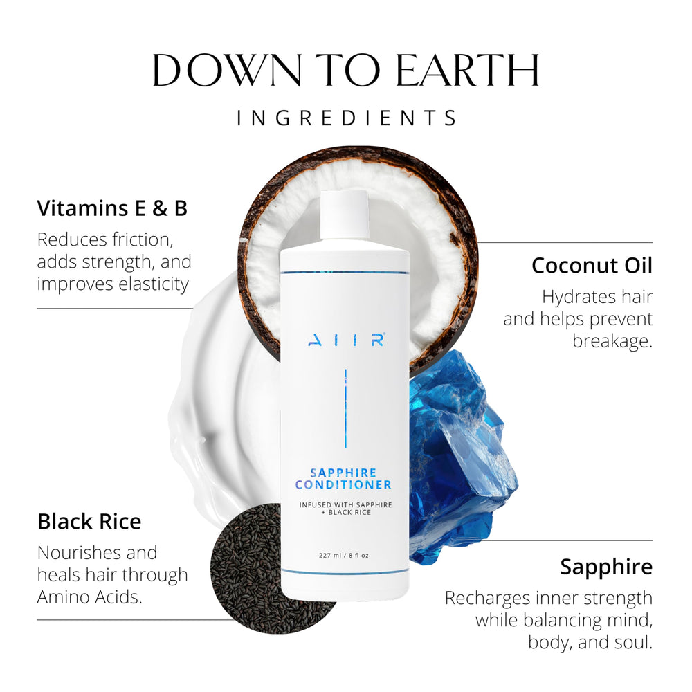 AIIR Sapphire shampoo label detail emphasizing color-safe cleansing.