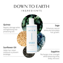 AIIR Sapphire Shampoo label shows sapphire crystal accent and vegan formula.