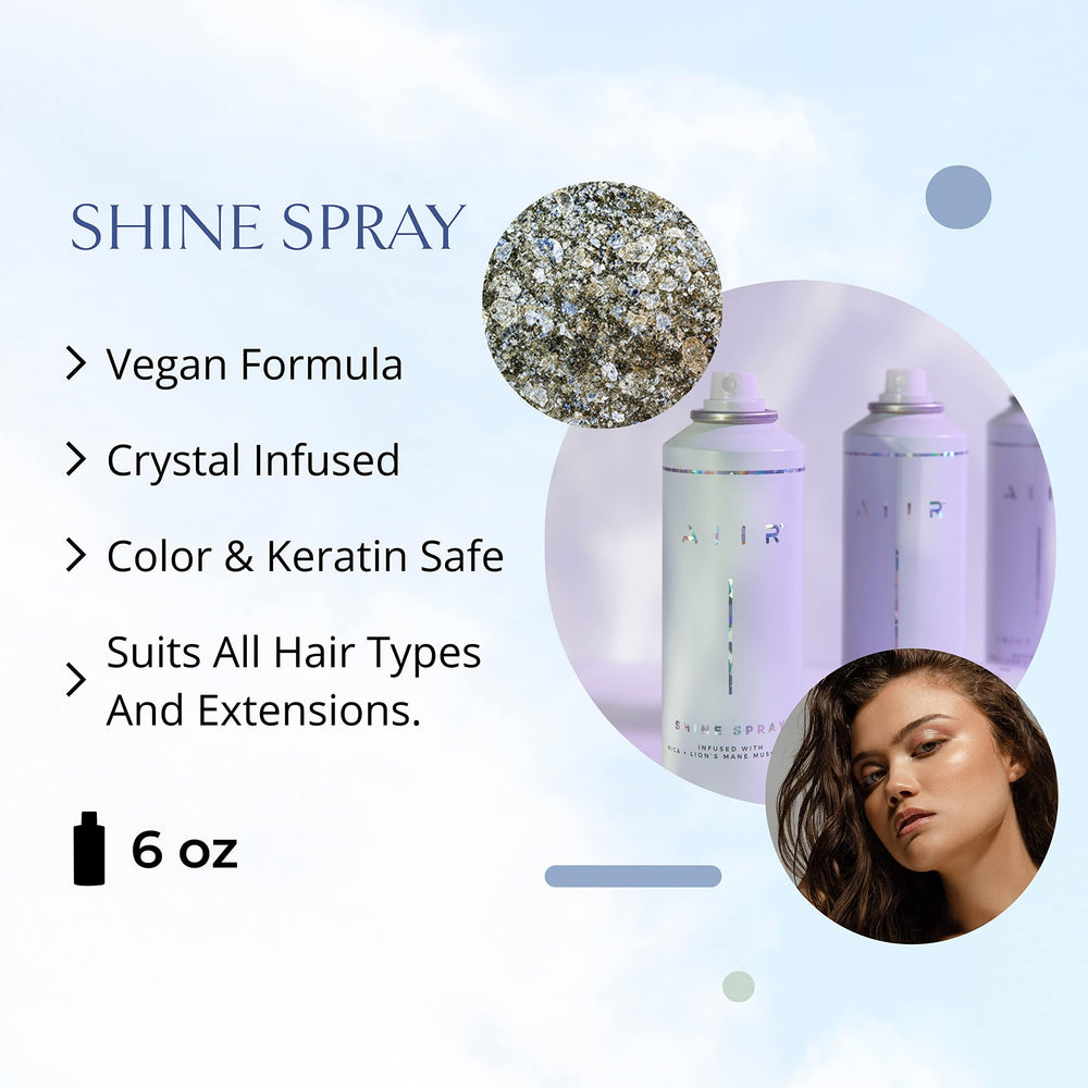 AIIR Shine Spray application on hair demonstrating smooth, frizz-free results.