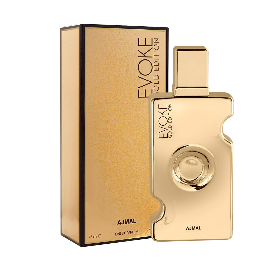Ajmal Evoke Gold fragrance spray application suggesting long-lasting scent trail.