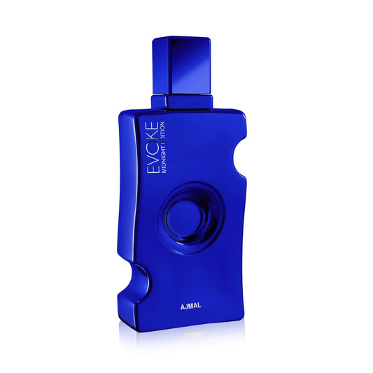 Ajmal Evoke Midnight bottle closeup, elegant design for evenings.