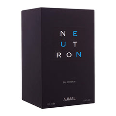 Ajmal Neutron label close-up reveals brand craftsmanship.