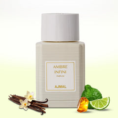 Ajmal Oud Marquis Ambre Infini bottle front view, a premium unisex fragrance with lasting appeal.