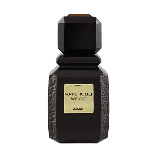 Ajmal Patchouli Wood bottle front view with dark cap, premium design for confident everyday wear.