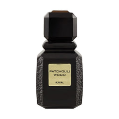 Ajmal Patchouli Wood bottle front view with dark cap, premium design for confident everyday wear.