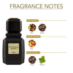 Ajmal Patchouli Wood packaging box signaling authenticity and Dubai-made fragrance quality.