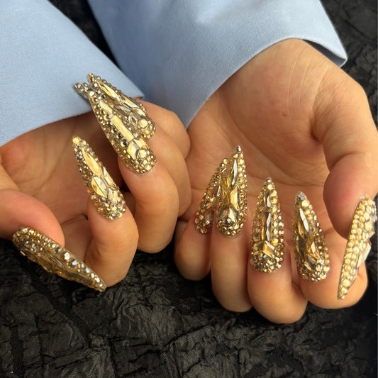 AKA Unicorn trendy handmade press-on nails in long stiletto shape with glossy finish for glamorous nights
