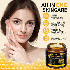 AKIICHI beef tallow honey balm cream texture shown as whipped, non-greasy moisturizer.