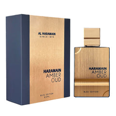 Al Haramain Amber Oud Blue Edition bottle cap closeup, premium branding enhances gifting appeal.