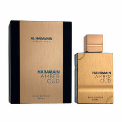 Al Haramain Amber Oud Blue Edition bottle front, bold evening fragrance cue