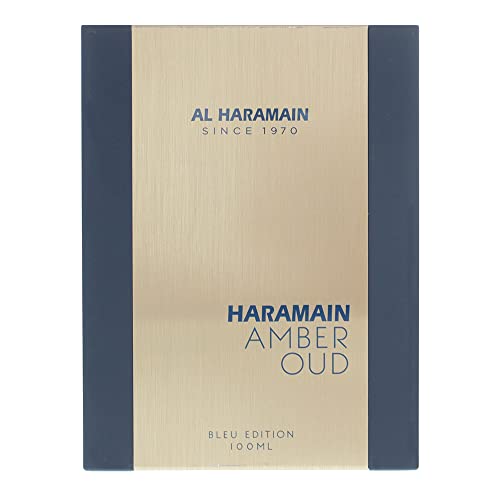 Al Haramain Amber Oud Blue Edition EDP bottle angled view, premium design appeal.