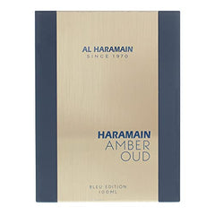 Al Haramain Amber Oud Blue Edition EDP bottle angled view, premium design appeal.