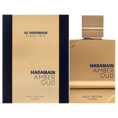 Al Haramain Amber Oud Blue Edition EDP bottle front, versatile unisex fragrance for daily wear.
