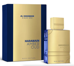 Al Haramain Amber Oud Blue Edition bottle with a fresh citrus opening and mint.