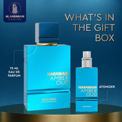 Close-up label of Amber Oud highlighting premium notes for fragrance lovers.