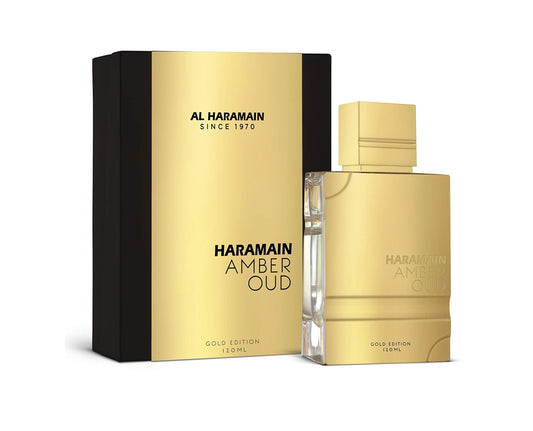 Al Haramain Amber Oud Gold Edition bottle front, versatile unisex fragrance for daily wear.