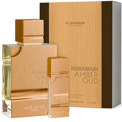 Al Haramain Amber Oud Gold Edition bottle shines with opulent, long-lasting fragrance for any occasion.