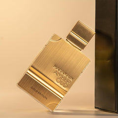 Al Haramain Amber Oud Gold Edition unisex fragrance display, suitable for both genders.
