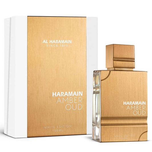 Al Haramain Amber Oud White Edition bottle front, unisex fragrance for everyday wear.