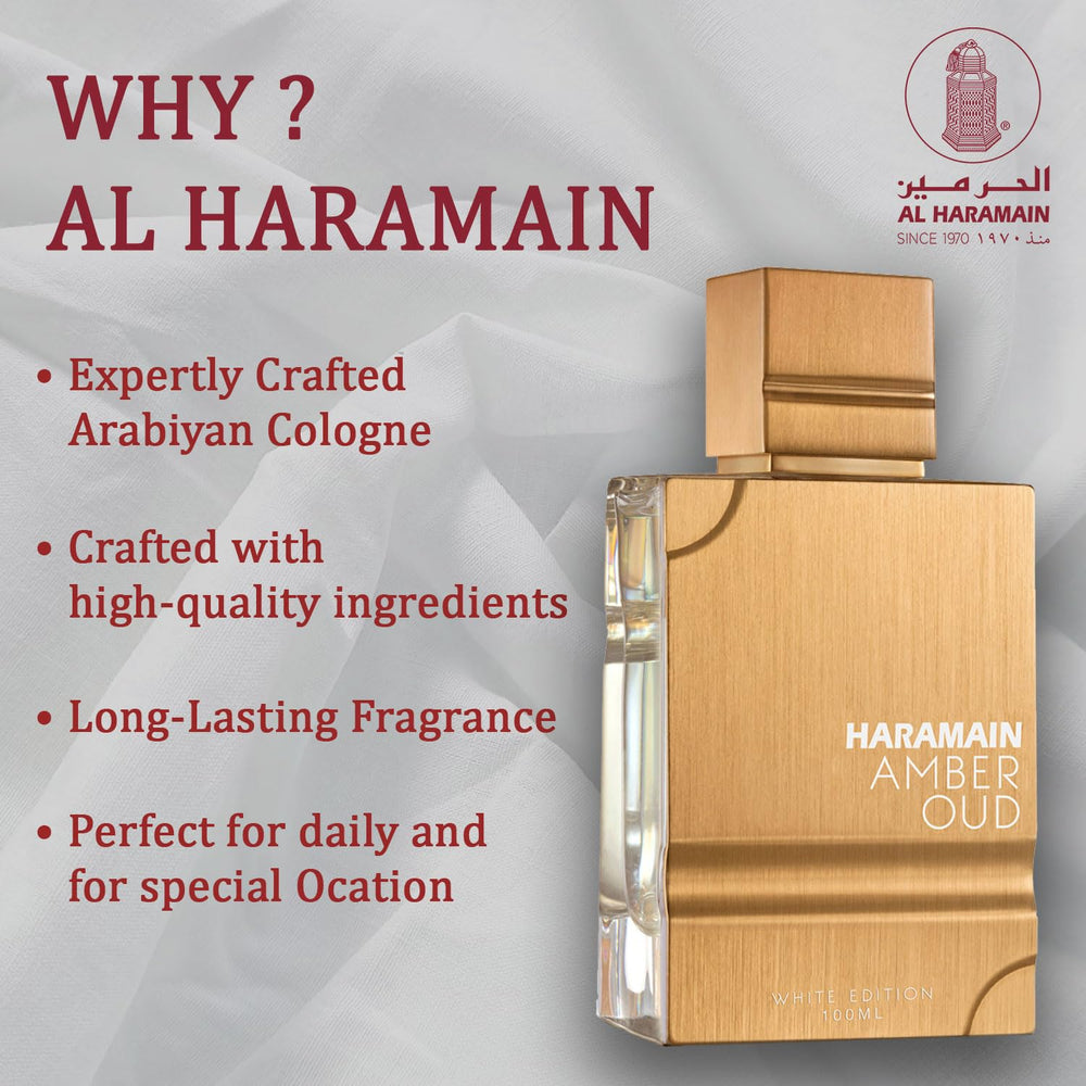 Al Haramain Amber Oud White Edition spray mist, ready for quick application.