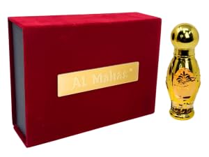 AL MAHAS Rose de ambre Satin Silk Oud Attar bottle front view with premium packaging and lasting fragrance