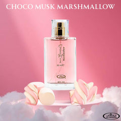Note chart for Marshmallow fragrance: strawberry, marshmallow, amber, vanilla, cacao.