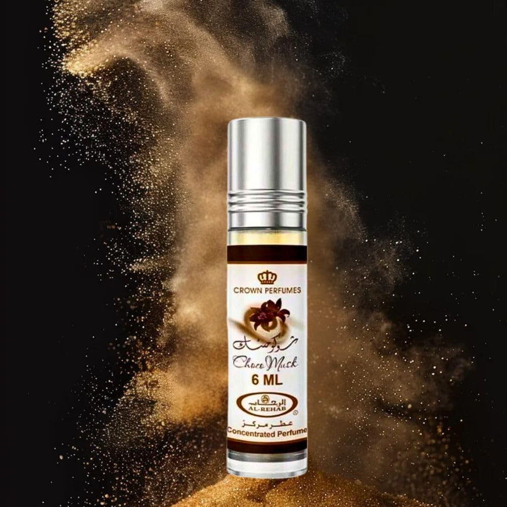 Al-Rehab Choco Musk Pistachio bottle close-up, creamy nutty profile with vanilla warmth.