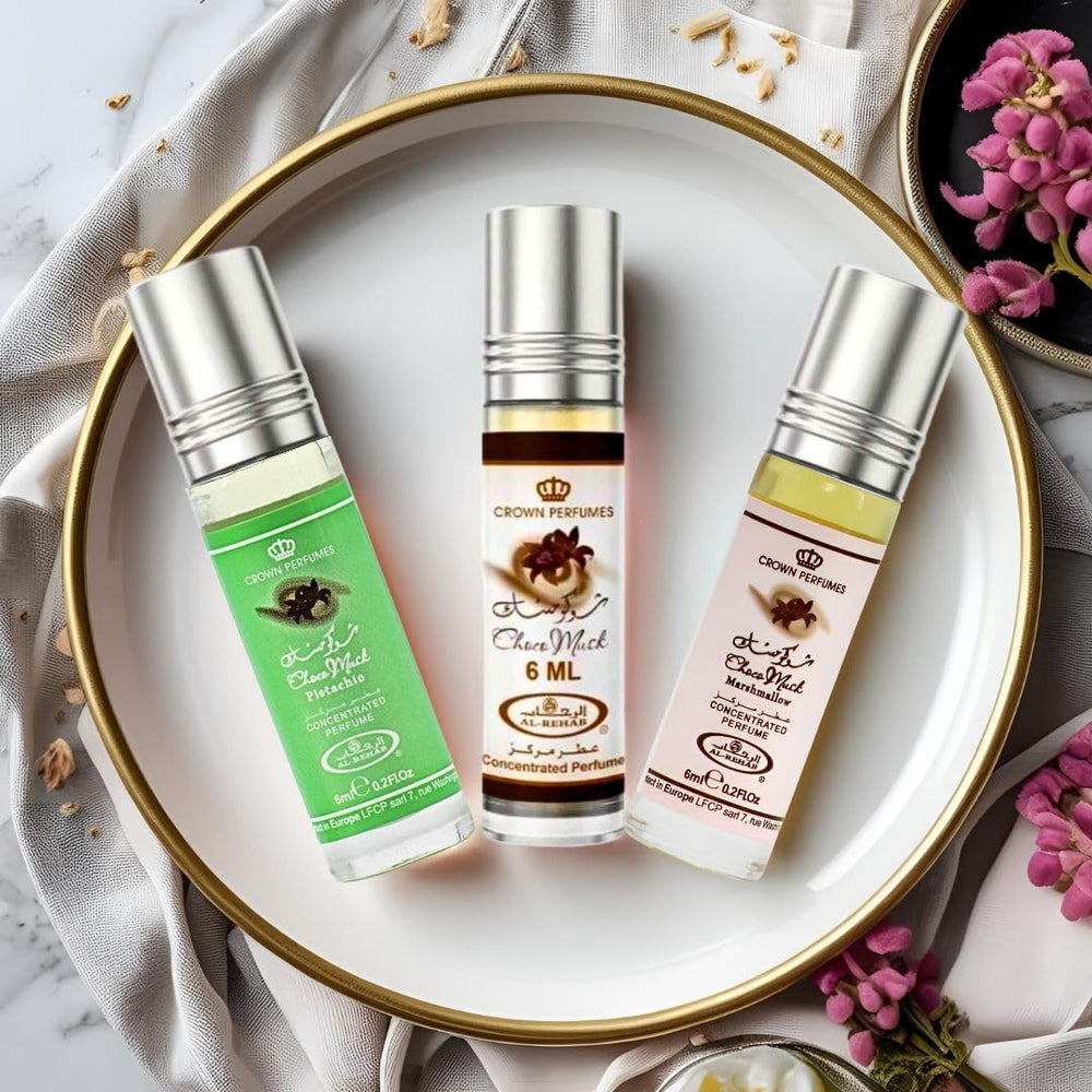 Al-Rehab Choco Musk trio packaging, showcasing the set's gourmand options.