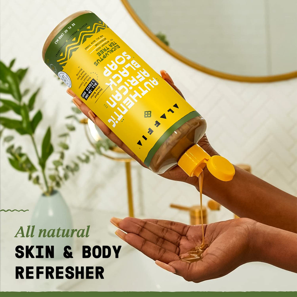 Alaffia African Black Soap shampoo bottle focuses on scalp care and clean hair.