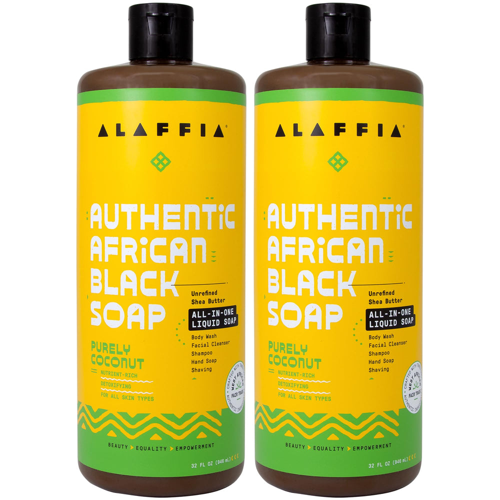 Alaffia Authentic African Black Soap coconut bottle pour for gentle daily cleanse
