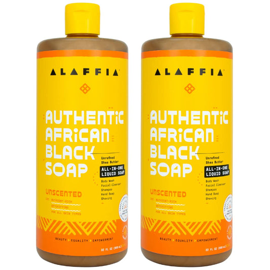 Alaffia authentic African Black Soap unscented 2-pack bottle for all-in-one cleansing.