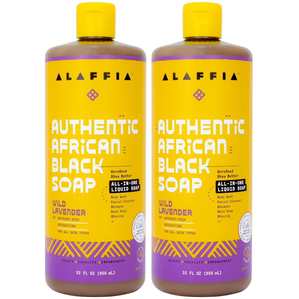 Alaffia Authentic African Black Soap Wild Lavender bottle promotes gentle cleansing for face and body.