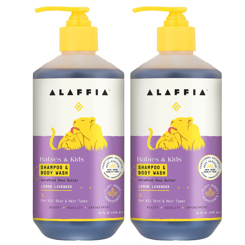 Alaffia Babies and Kids 2-pack shampoo bottle with lemon lavender scent for soft hair and skin.