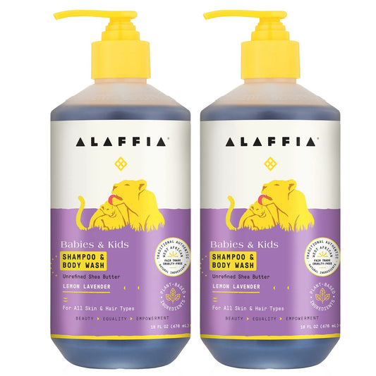 Alaffia Babies and Kids 2-pack shampoo bottle with lemon lavender scent for soft hair and skin.